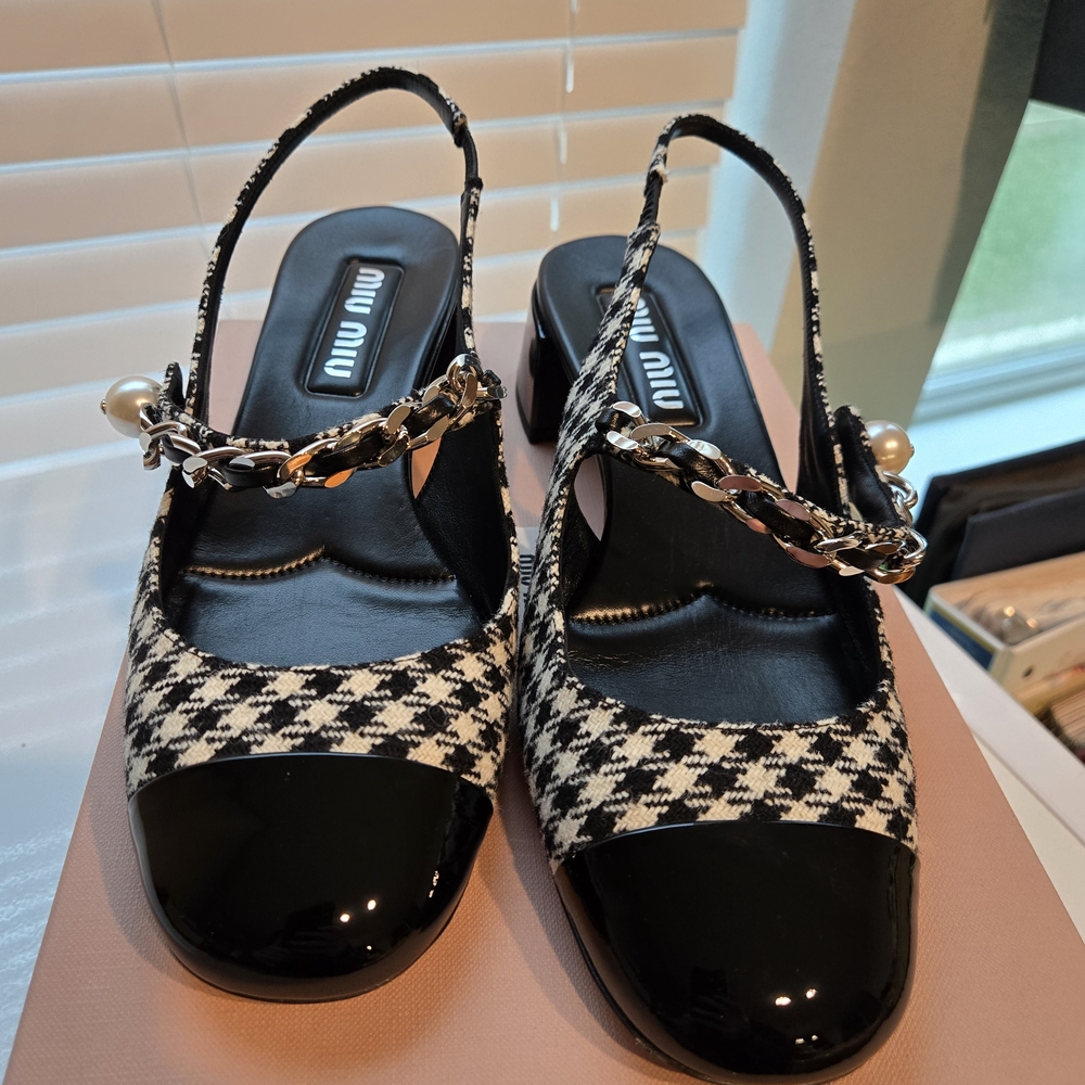 Miu Miu Black and White Houndstooth Women's Slingback Kitten Heels